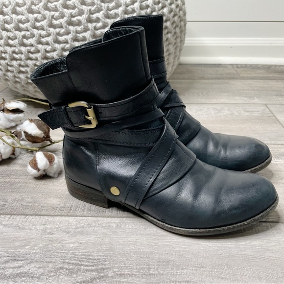 Miz Mooz Shoes - Miz Mooz Bailey Leather Strappy Harness Buckle Moto Ankle Boots Black Size 7